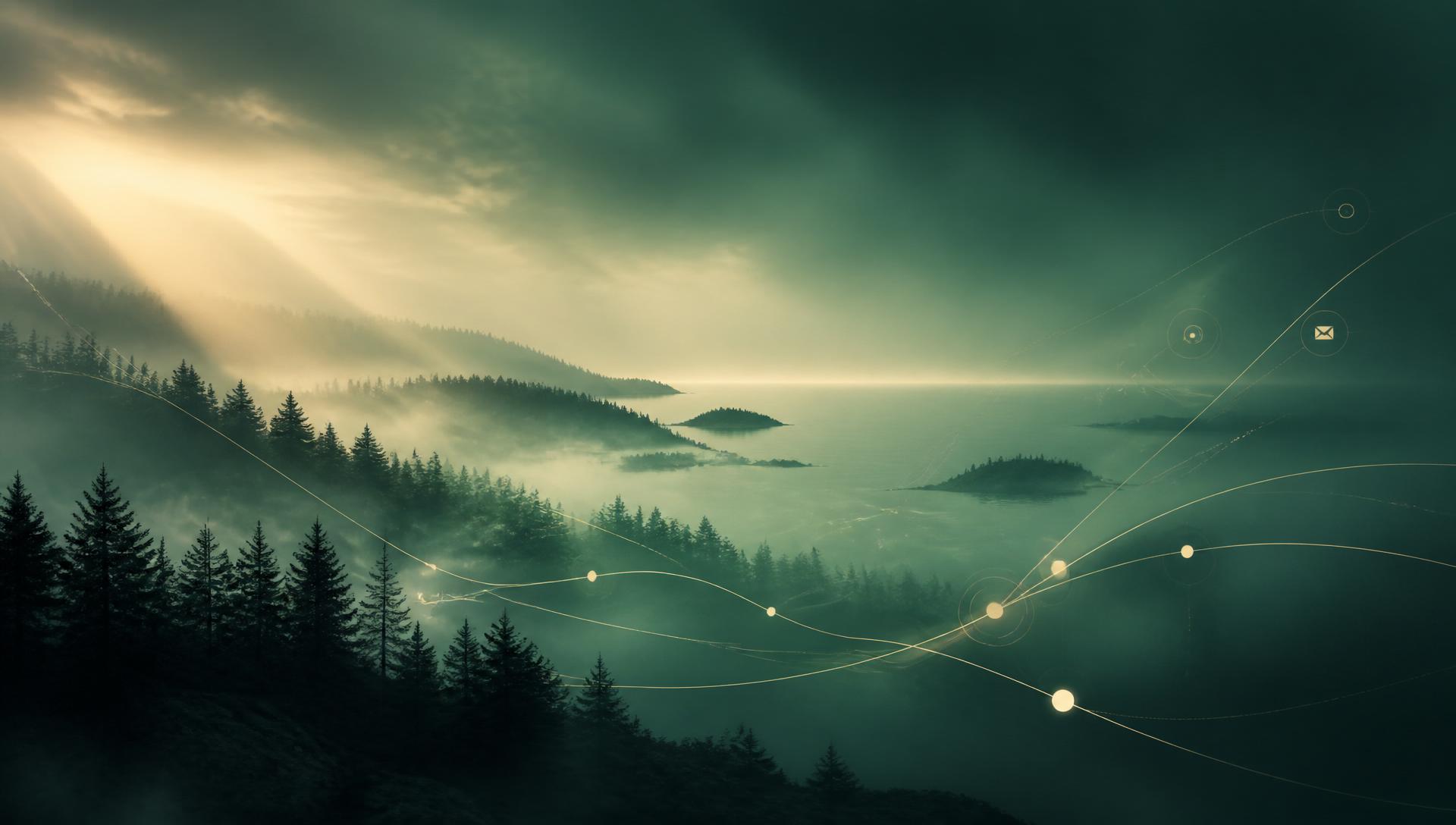 Atmospheric Nordic landscape with flowing golden connection lines representing outbound sales conversations